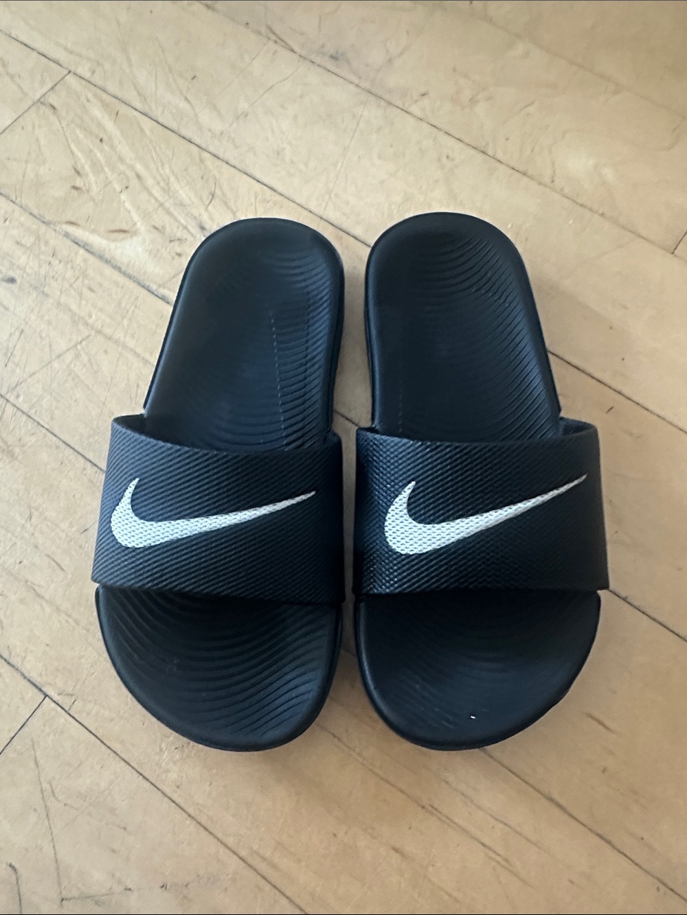 Boys , size 13C, Nike Black Slides with White Swoosh Logo